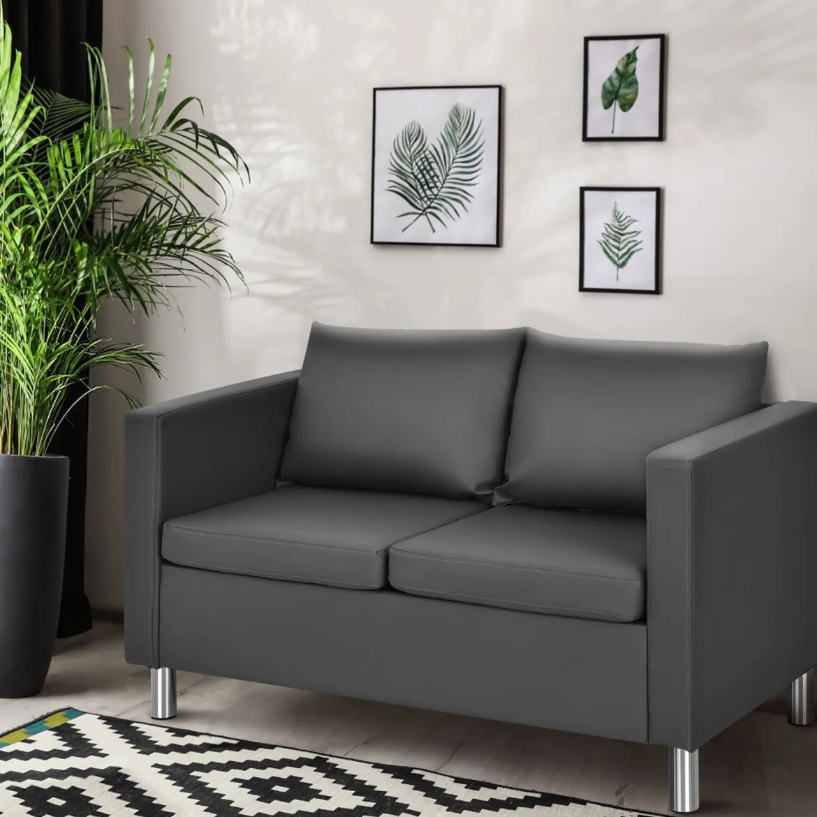 Modernes Zweisitzer-Sofa Kunstleder-Sofa mit weichem Kissen und Kautschukholzbeinen für Zuhause und Büro grau