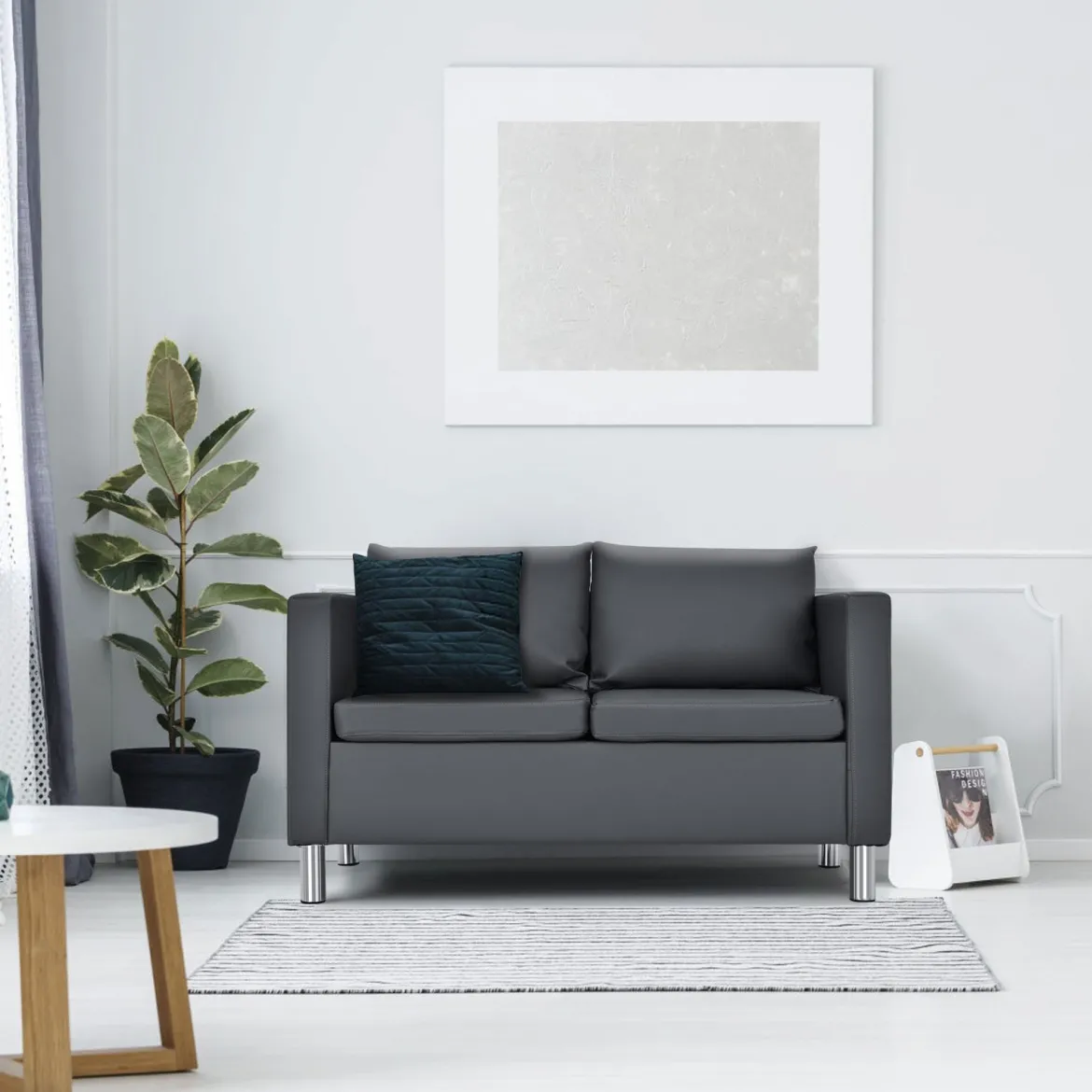 Modernes Zweisitzer-Sofa Kunstleder-Sofa mit weichem Kissen und Kautschukholzbeinen für Zuhause und Büro grau
