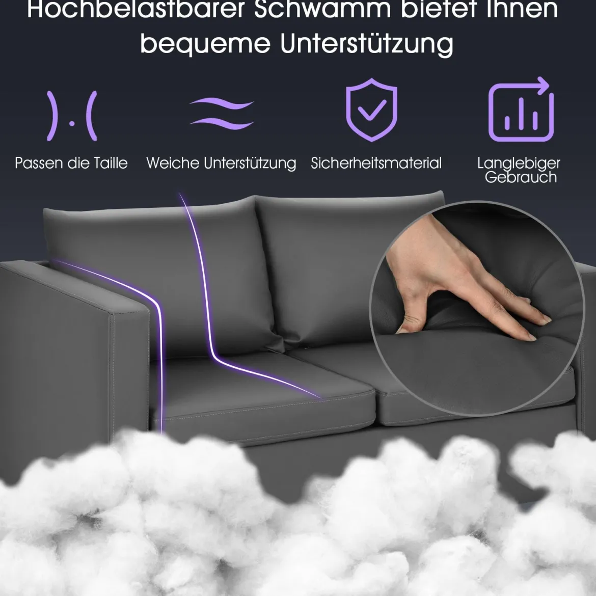 Modernes Zweisitzer-Sofa Kunstleder-Sofa mit weichem Kissen und Kautschukholzbeinen für Zuhause und Büro grau
