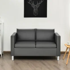 Modernes Zweisitzer-Sofa Kunstleder-Sofa mit weichem Kissen und Kautschukholzbeinen für Zuhause und Büro grau