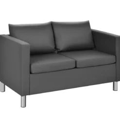 Modernes Zweisitzer-Sofa Kunstleder-Sofa mit weichem Kissen und Kautschukholzbeinen für Zuhause und Büro grau