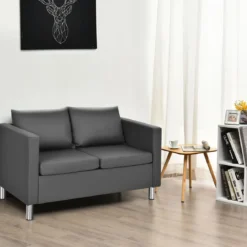 Modernes Zweisitzer-Sofa Kunstleder-Sofa mit weichem Kissen und Kautschukholzbeinen für Zuhause und Büro grau