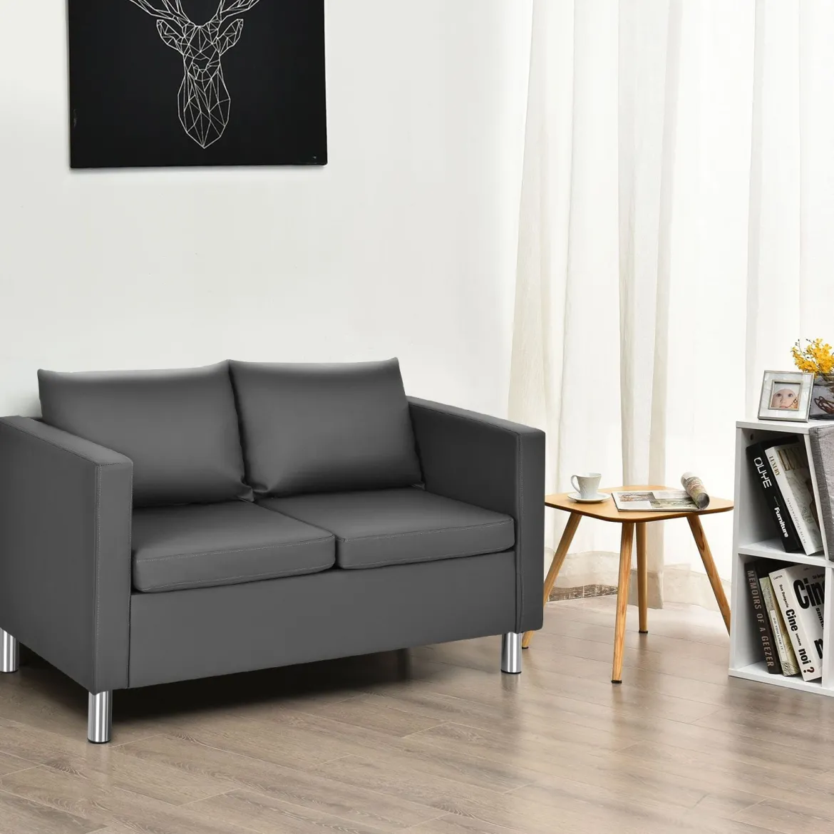 Modernes Zweisitzer-Sofa Kunstleder-Sofa mit weichem Kissen und Kautschukholzbeinen für Zuhause und Büro grau