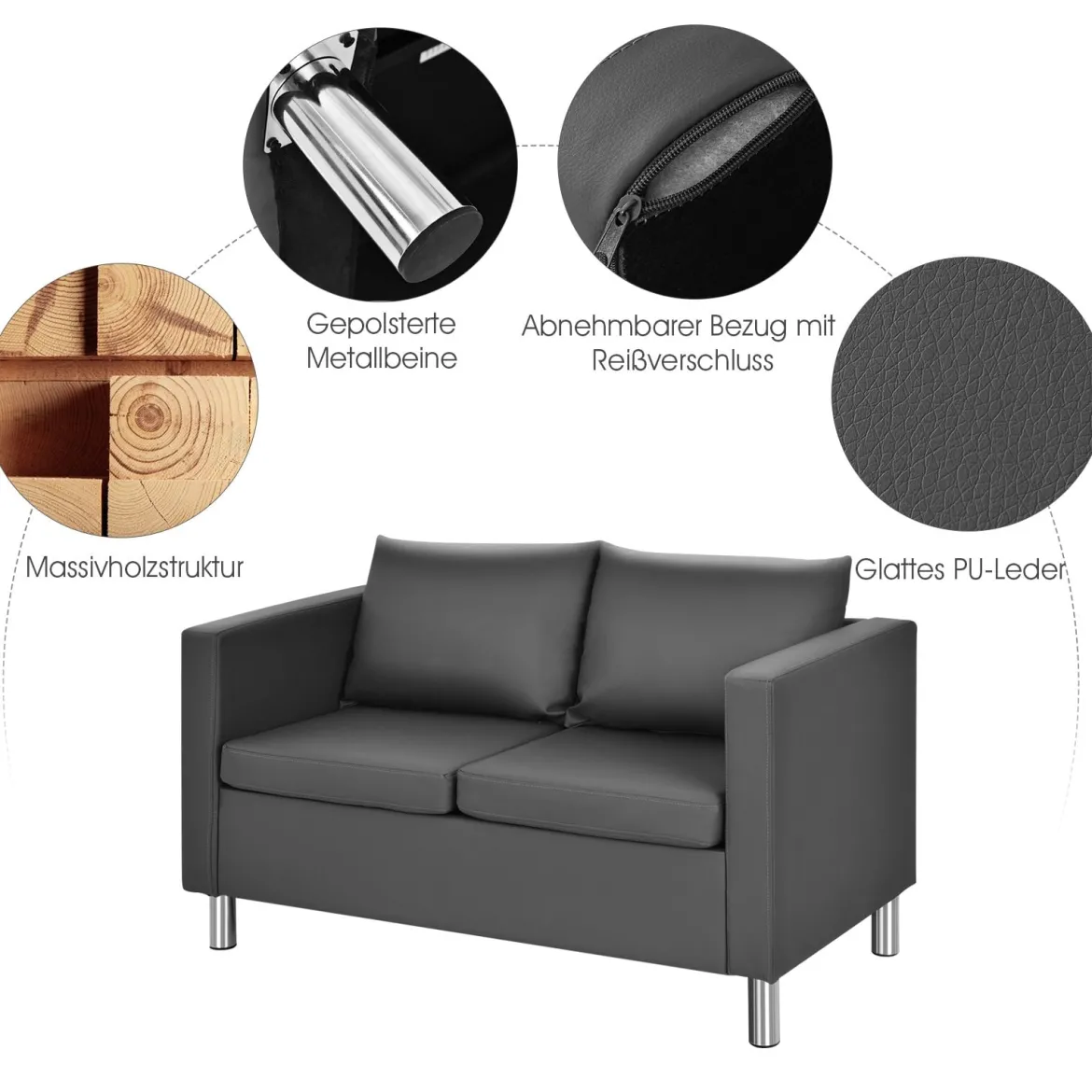 Modernes Zweisitzer-Sofa Kunstleder-Sofa mit weichem Kissen und Kautschukholzbeinen für Zuhause und Büro grau
