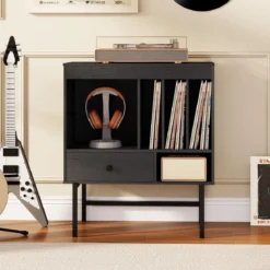 Modern Plattenspieler Ständer Vinylschrank mit Albumhaltern & Schublade Beistellschrank Schwarz