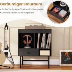 Modern Plattenspieler Ständer Vinylschrank mit Albumhaltern & Schublade Beistellschrank Schwarz