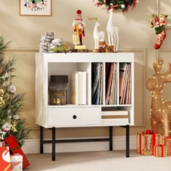 Modern Plattenspieler Ständer Vinylschrank mit Albumhaltern & Schublade Beistellschrank Weiß