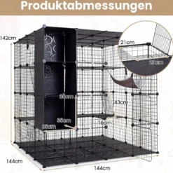 Modularer Katzenkäfig Faltbares Katzengehege mit Laufstall 144 x 144 x 142 cm Schwarz