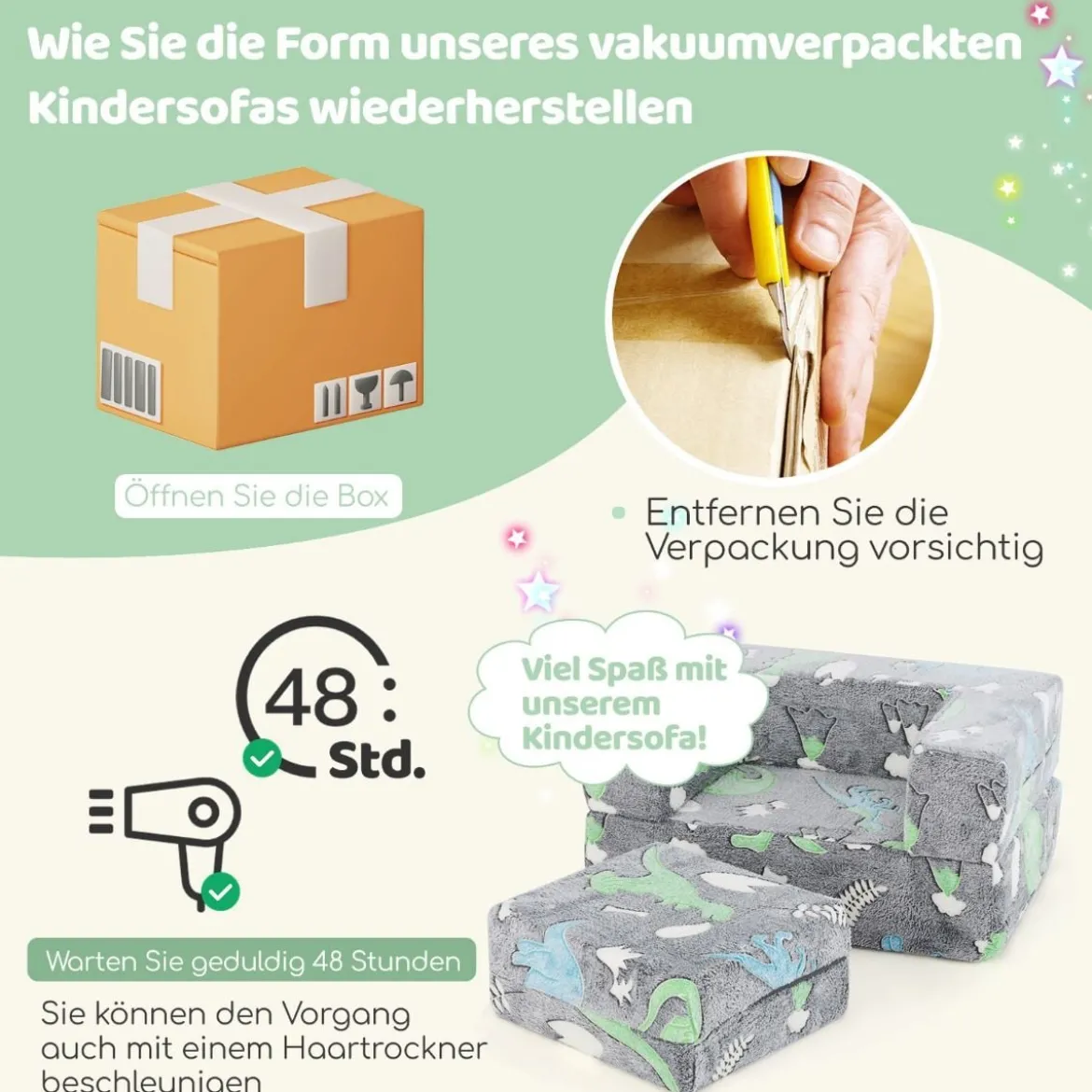 Modulares Kindersofa im Dunkeln leuchtendes Spielsofa Modulsofa 71 x 53 x 34,5 cm