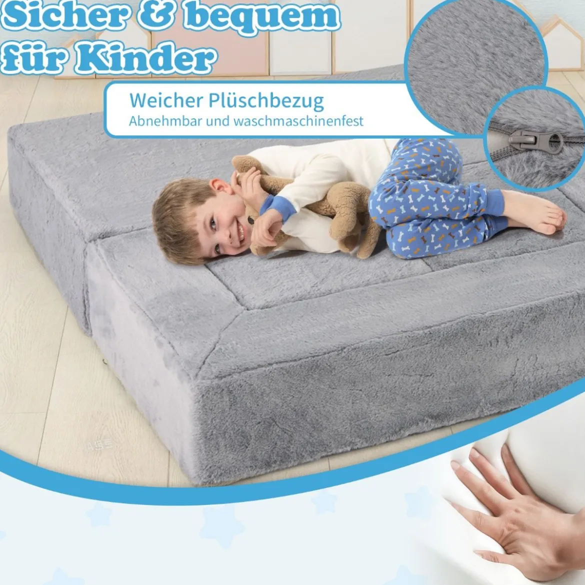 Modulares Kindersofa Spielsofa aus Schaumstoff mit abnehmbarem Plüschbezug Grau