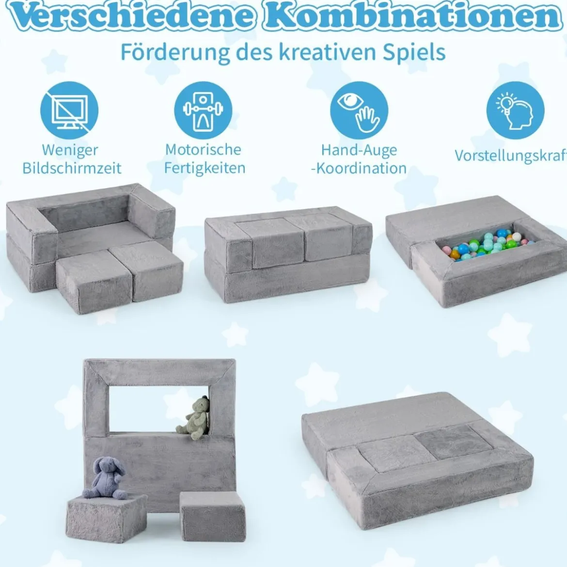 Modulares Kindersofa Spielsofa aus Schaumstoff mit abnehmbarem Plüschbezug Grau
