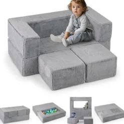 Modulares Kindersofa Spielsofa aus Schaumstoff mit abnehmbarem Plüschbezug Grau