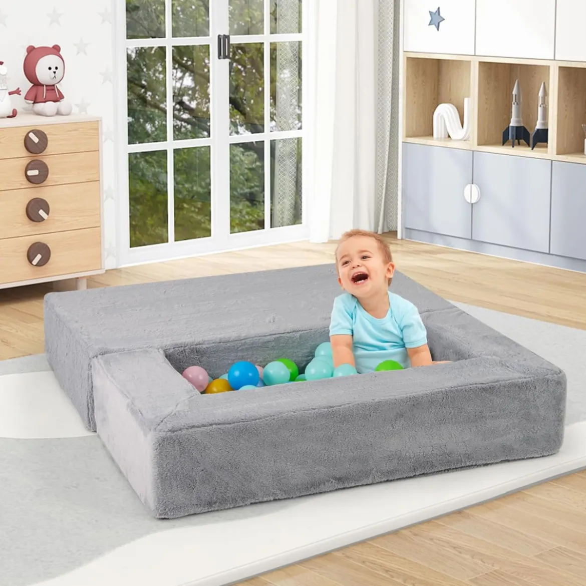 Modulares Kindersofa Spielsofa aus Schaumstoff mit abnehmbarem Plüschbezug Grau