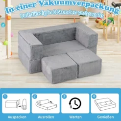 Modulares Kindersofa Spielsofa aus Schaumstoff mit abnehmbarem Plüschbezug Grau