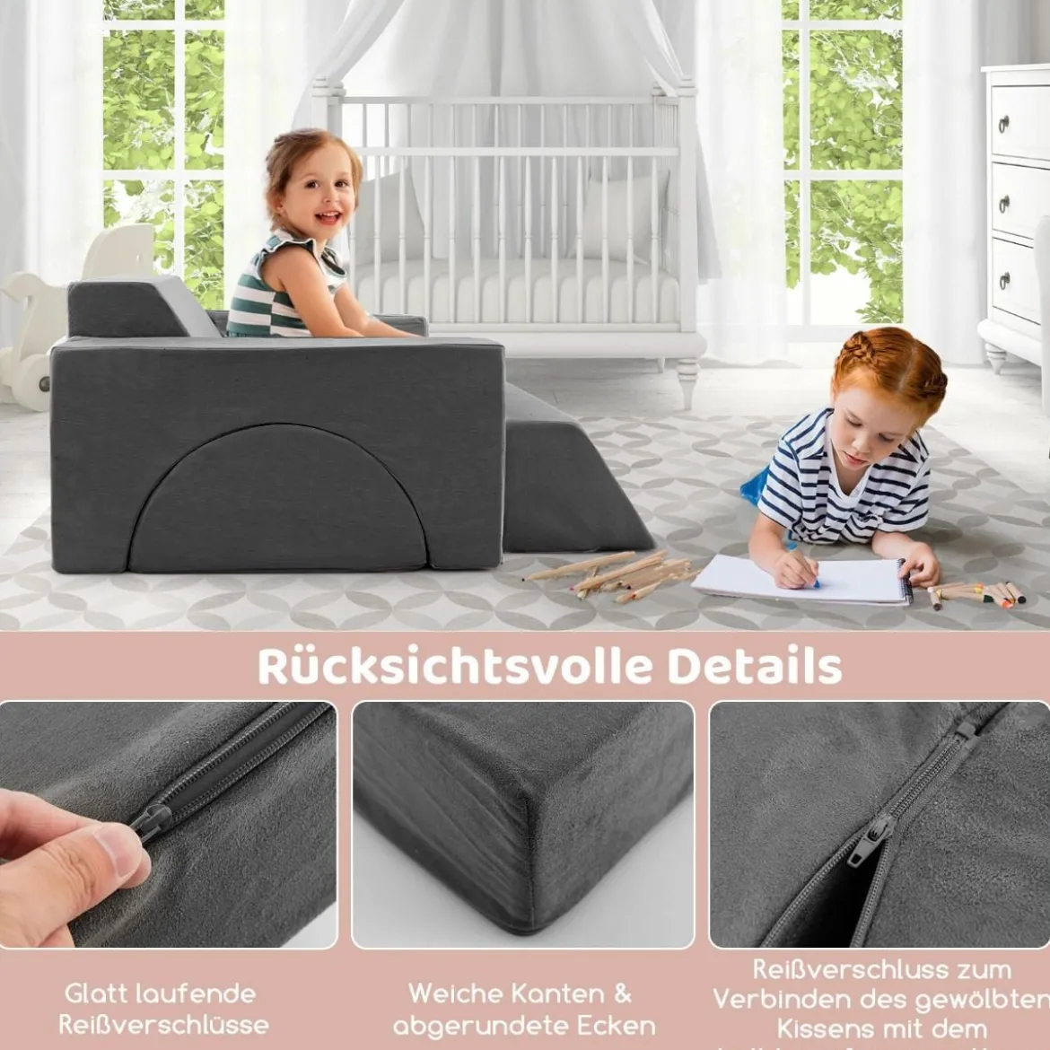Modulares Kindersofa Spielsofa Modulsofa mit abnehmbarem Bezug 105,5 x 101 x 48 cm Grau