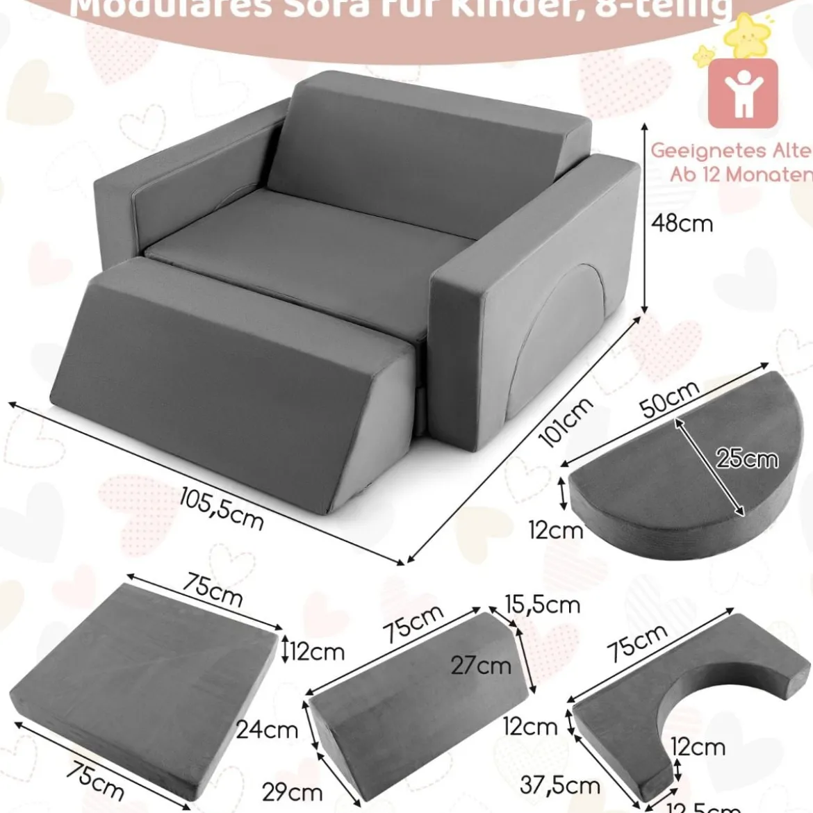 Modulares Kindersofa Spielsofa Modulsofa mit abnehmbarem Bezug 105,5 x 101 x 48 cm Grau