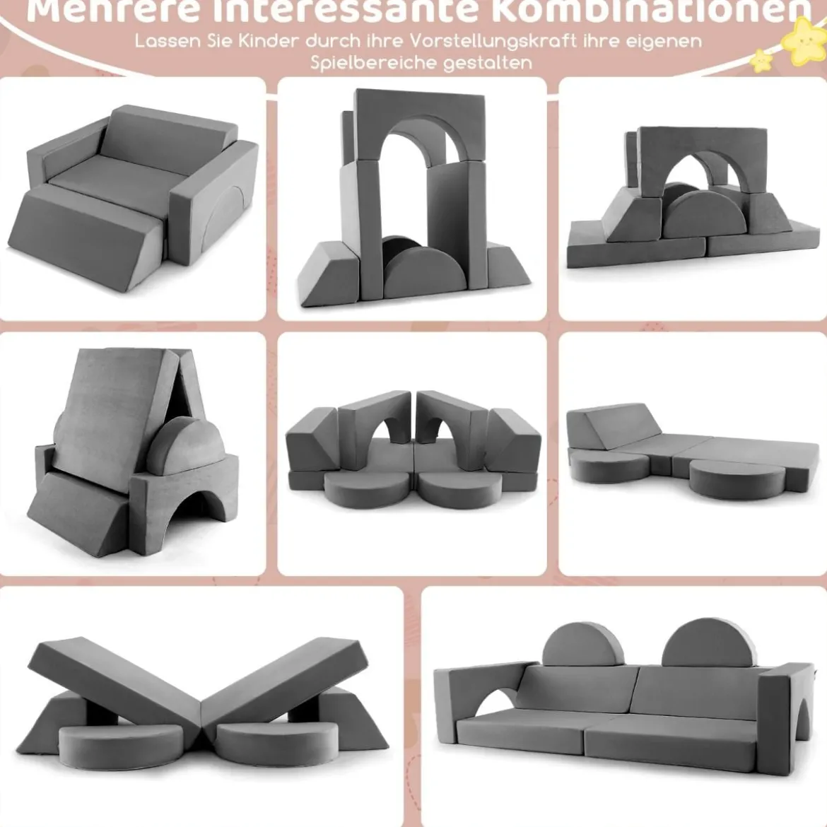 Modulares Kindersofa Spielsofa Modulsofa mit abnehmbarem Bezug 105,5 x 101 x 48 cm Grau