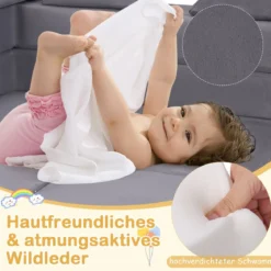 Modulares Kindersofa 9-teiliges Spielsofa aus Schaumstoff Bausteine mit bequemem Wildlederstoff Beige/Grau