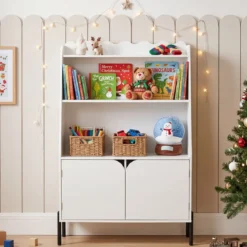 Montessori Kinderregal aus Holz mit 3 Offenen Fächern und 2 Türen 80 x 30 x 121 cm Weiß