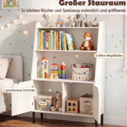 Montessori Kinderregal aus Holz mit 3 Offenen Fächern und 2 Türen 80 x 30 x 121 cm Weiß