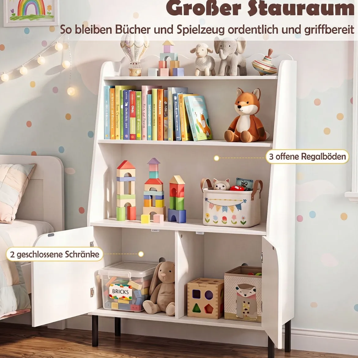 Montessori Kinderregal aus Holz mit 3 Offenen Fächern und 2 Türen 80 x 30 x 121 cm Weiß