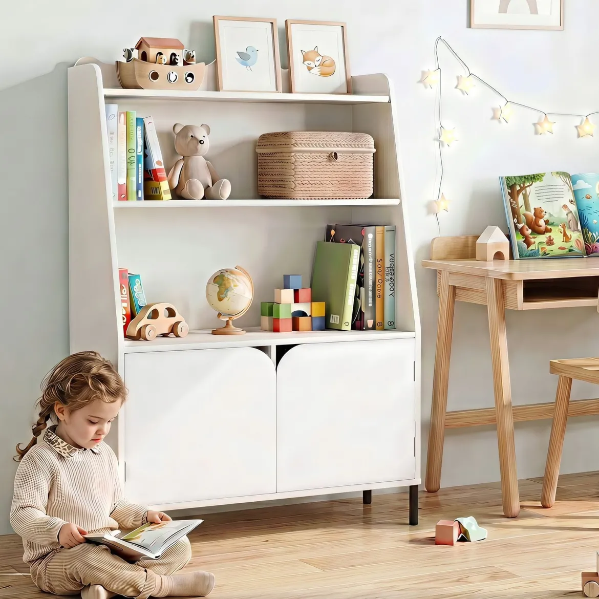 Montessori Kinderregal aus Holz mit 3 Offenen Fächern und 2 Türen 80 x 30 x 121 cm Weiß