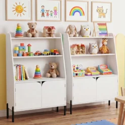 Montessori Kinderregal aus Holz mit 3 Offenen Fächern und 2 Türen 80 x 30 x 121 cm Weiß