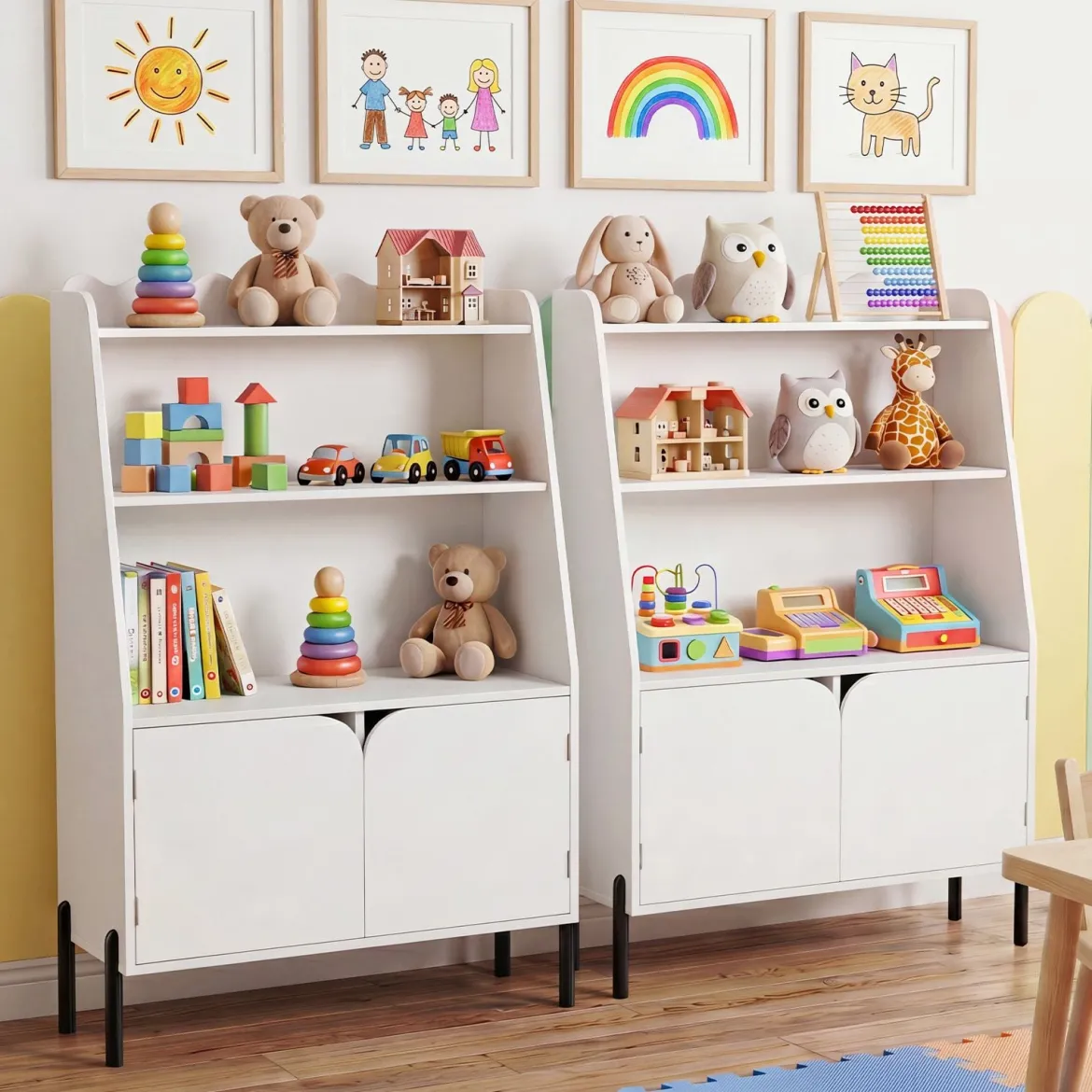 Montessori Kinderregal aus Holz mit 3 Offenen Fächern und 2 Türen 80 x 30 x 121 cm Weiß