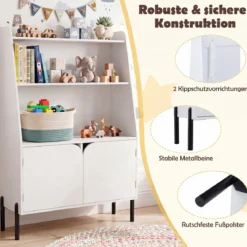 Montessori Kinderregal aus Holz mit 3 Offenen Fächern und 2 Türen 80 x 30 x 121 cm Weiß