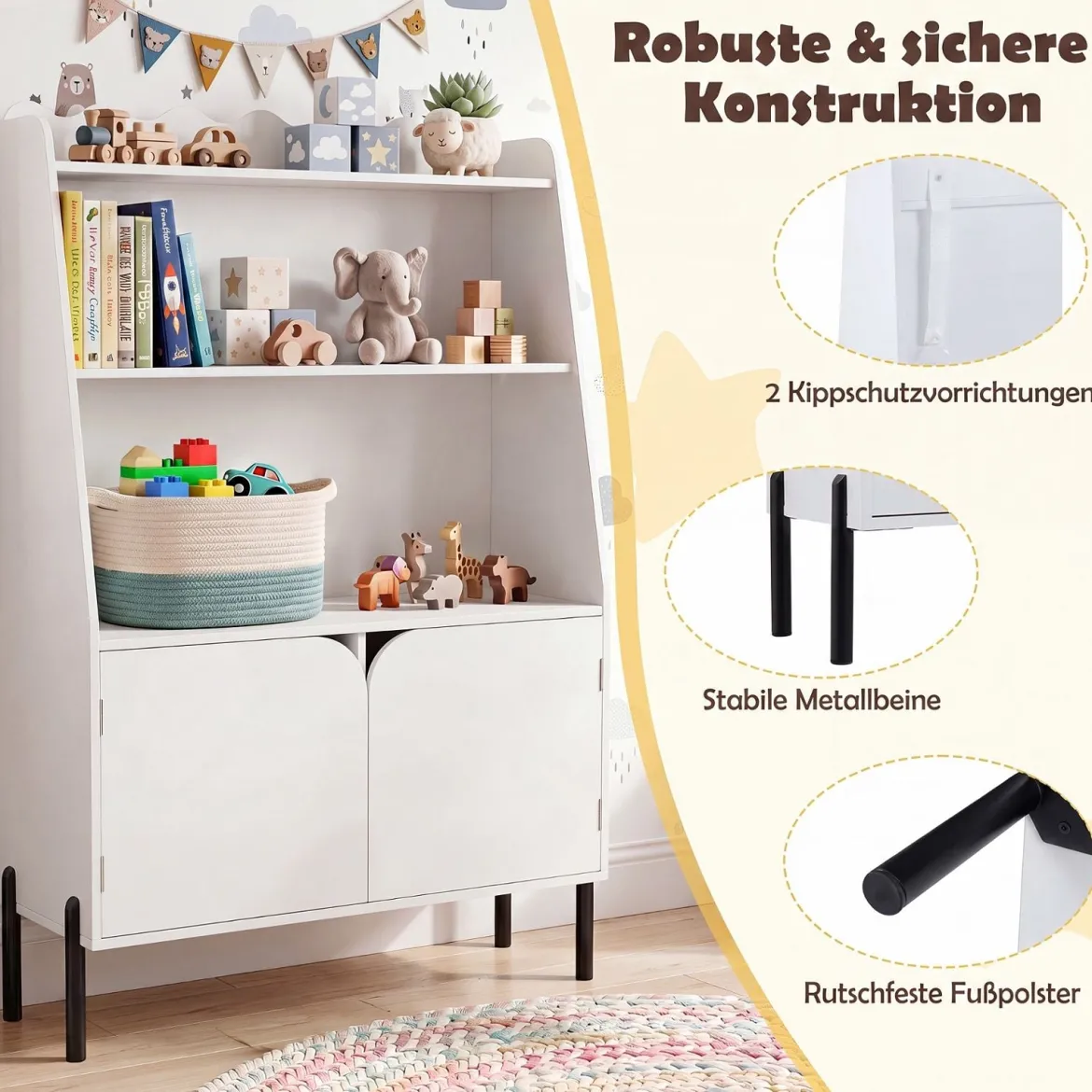 Montessori Kinderregal aus Holz mit 3 Offenen Fächern und 2 Türen 80 x 30 x 121 cm Weiß