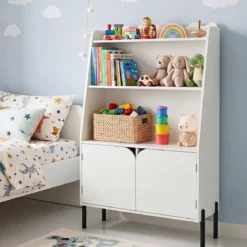 Montessori Kinderregal aus Holz mit 3 Offenen Fächern und 2 Türen 80 x 30 x 121 cm Weiß