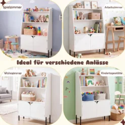 Montessori Kinderregal aus Holz mit 3 Offenen Fächern und 2 Türen 80 x 30 x 121 cm Weiß