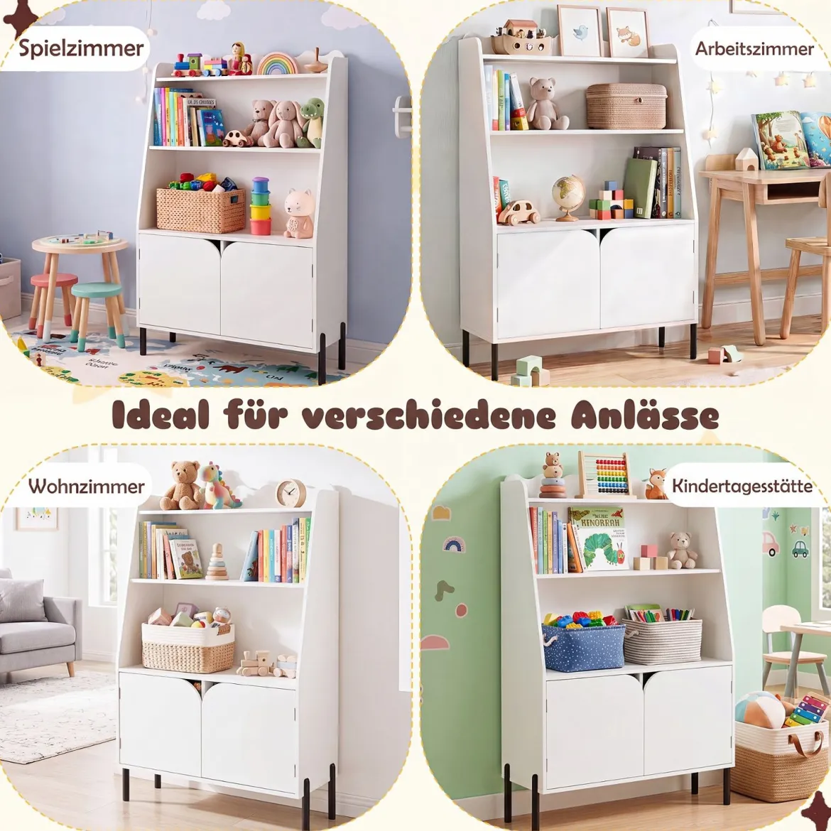 Montessori Kinderregal aus Holz mit 3 Offenen Fächern und 2 Türen 80 x 30 x 121 cm Weiß