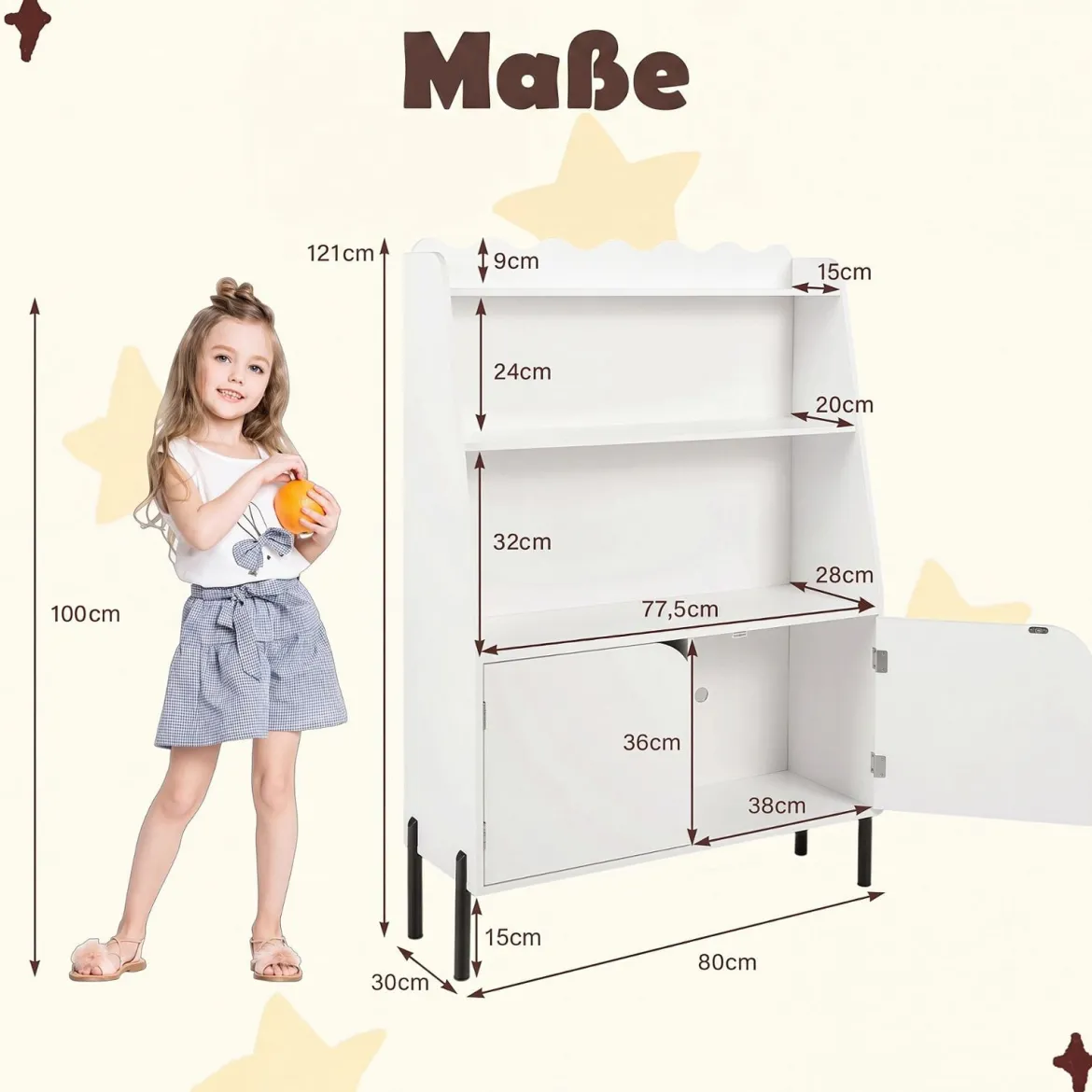 Montessori Kinderregal aus Holz mit 3 Offenen Fächern und 2 Türen 80 x 30 x 121 cm Weiß
