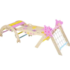 Montessori Klettersset Holz Kletterdreieck mit Bogen Rampe & Kletterer faltbares Klettergerüst-Set Natur + Macaron