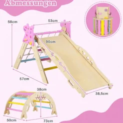 Montessori Klettersset Holz Kletterdreieck mit Bogen Rampe & Kletterer faltbares Klettergerüst-Set Natur + Macaron