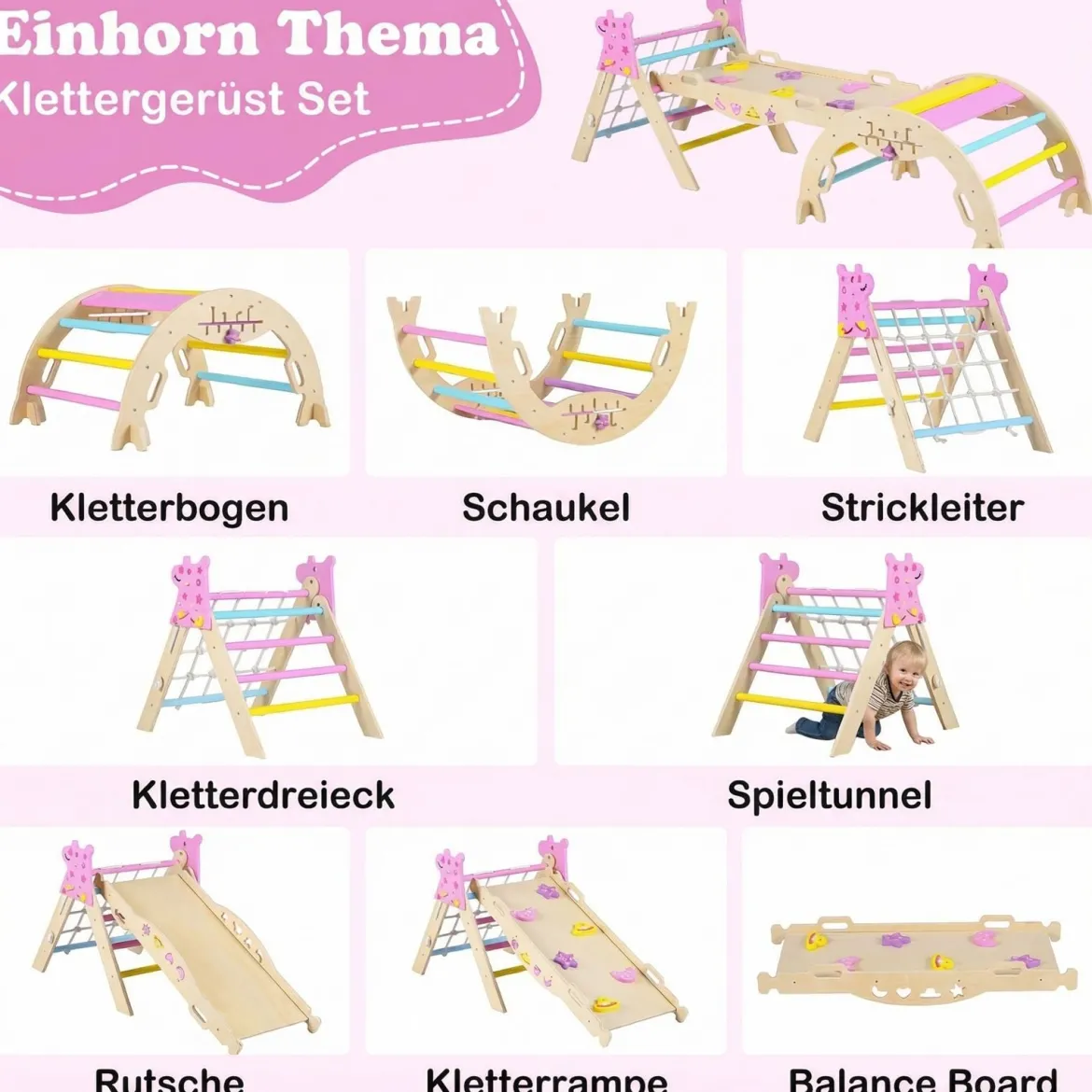 Montessori Klettersset Holz Kletterdreieck mit Bogen Rampe & Kletterer faltbares Klettergerüst-Set Natur + Macaron