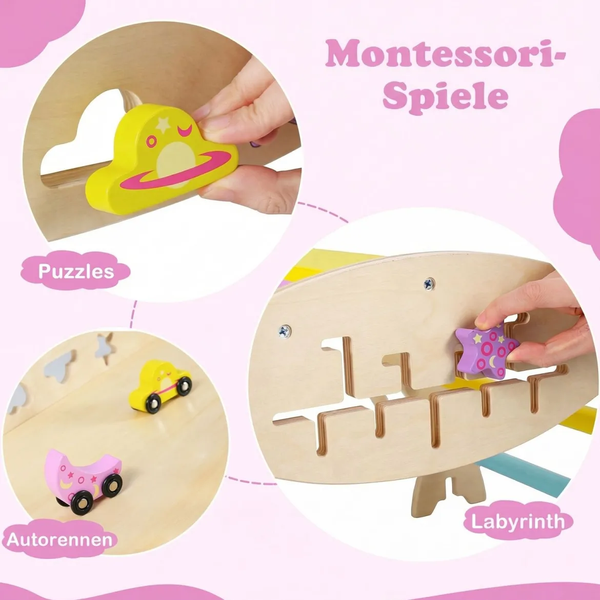 Montessori Klettersset Holz Kletterdreieck mit Bogen Rampe & Kletterer faltbares Klettergerüst-Set Natur + Macaron