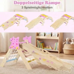 Montessori Klettersset Holz Kletterdreieck mit Bogen Rampe & Kletterer faltbares Klettergerüst-Set Natur + Macaron