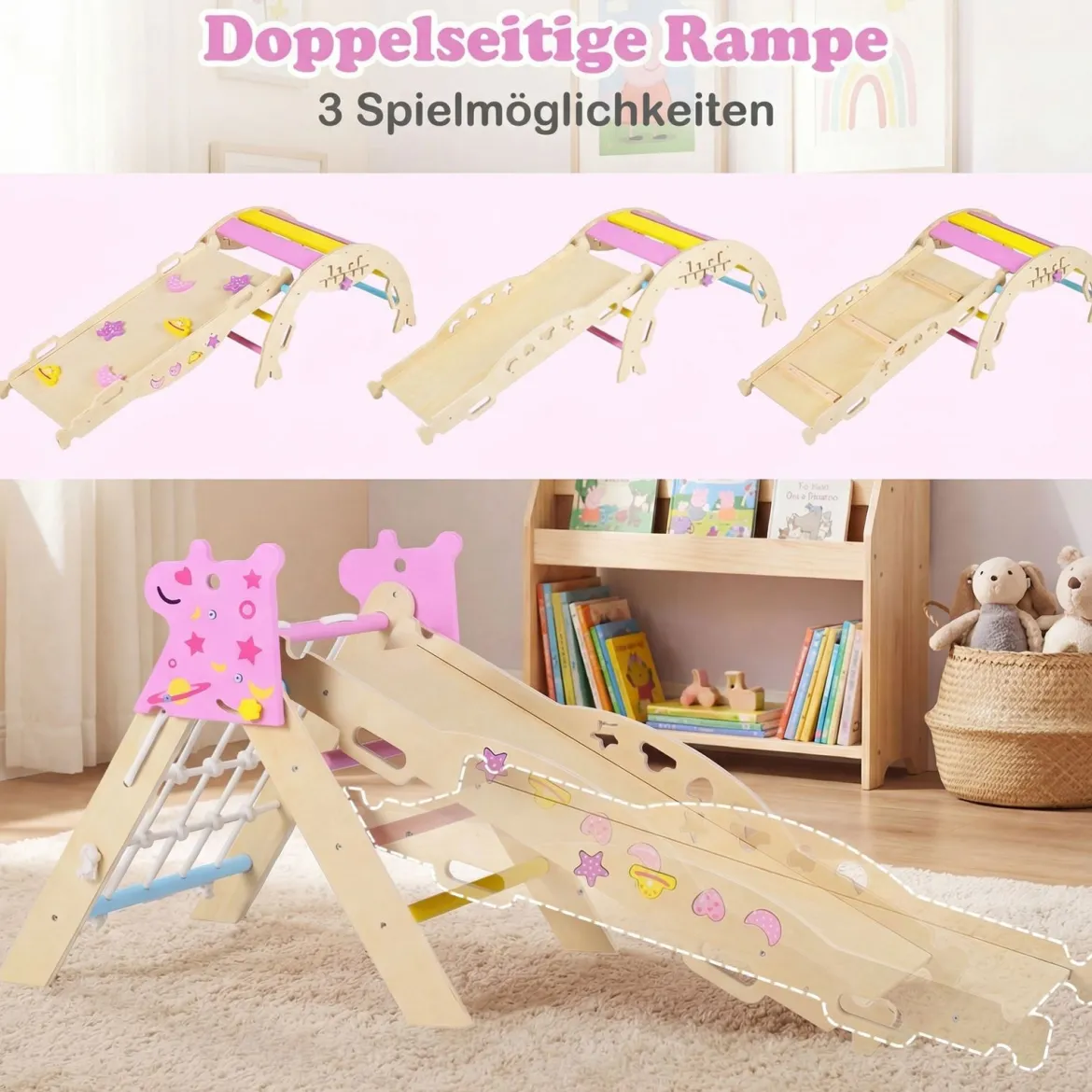 Montessori Klettersset Holz Kletterdreieck mit Bogen Rampe & Kletterer faltbares Klettergerüst-Set Natur + Macaron