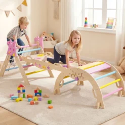 Montessori Klettersset Holz Kletterdreieck mit Bogen Rampe & Kletterer faltbares Klettergerüst-Set Natur + Macaron
