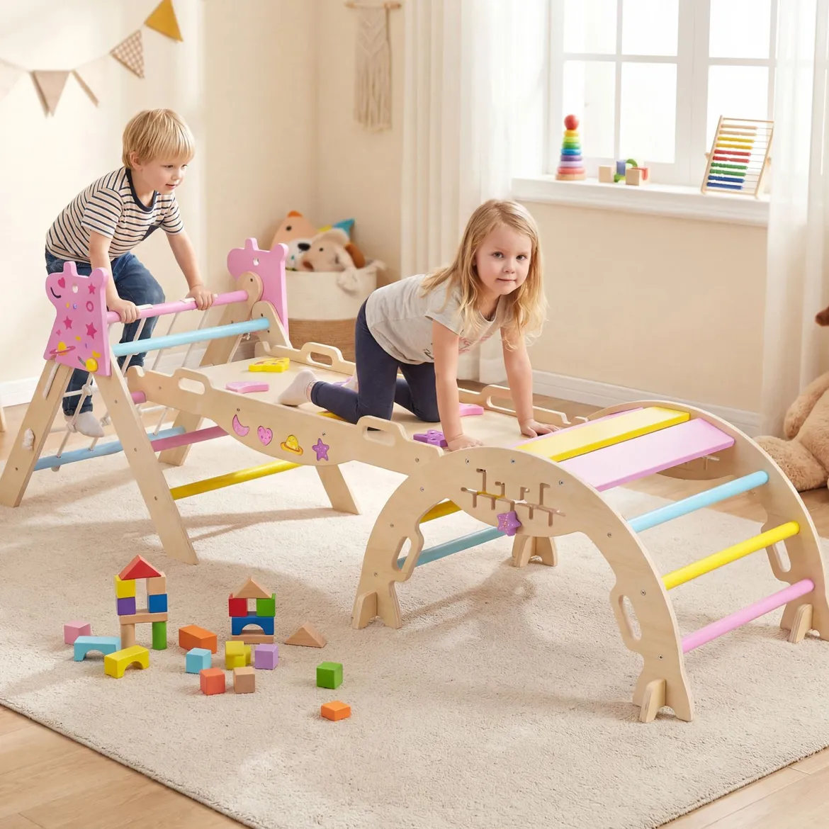 Montessori Klettersset Holz Kletterdreieck mit Bogen Rampe & Kletterer faltbares Klettergerüst-Set Natur + Macaron