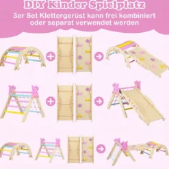 Montessori Klettersset Holz Kletterdreieck mit Bogen Rampe & Kletterer faltbares Klettergerüst-Set Natur + Macaron