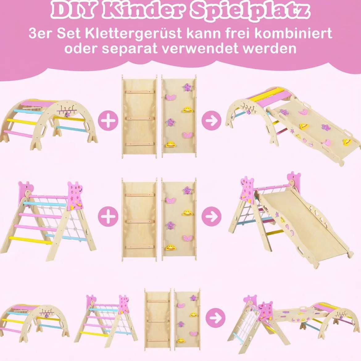 Montessori Klettersset Holz Kletterdreieck mit Bogen Rampe & Kletterer faltbares Klettergerüst-Set Natur + Macaron