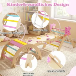 Montessori Klettersset Holz Kletterdreieck mit Bogen Rampe & Kletterer faltbares Klettergerüst-Set Natur + Macaron