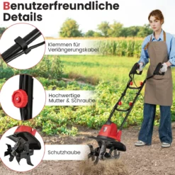 Motorhacke elektrisch 750W | Arbeitsbreite 32 cm | Arbeitstiefe 22 cm | 380 U/min Elektro Bodenhacke mit Schutzschalter & Handgriff 32,5 x 24 x 138 cm Rot