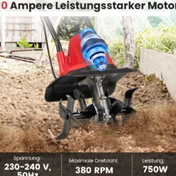 Motorhacke elektrisch 750W | Arbeitsbreite 32 cm | Arbeitstiefe 22 cm | 380 U/min Elektro Bodenhacke mit Schutzschalter & Handgriff 32,5 x 24 x 138 cm Rot
