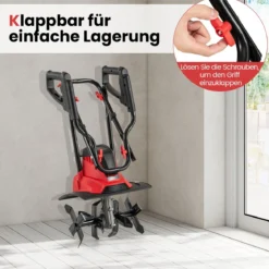 Motorhacke elektrisch 1200W | Arbeitsbreite 36 cm | Arbeitstiefe 22 cm | 380 U/min klappbarer Gartenfräse 36,5 x 24 x 138 cm Rot