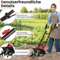 Motorhacke elektrisch 1200W | Arbeitsbreite 36 cm | Arbeitstiefe 22 cm | 380 U/min klappbarer Gartenfräse 36,5 x 24 x 138 cm Rot