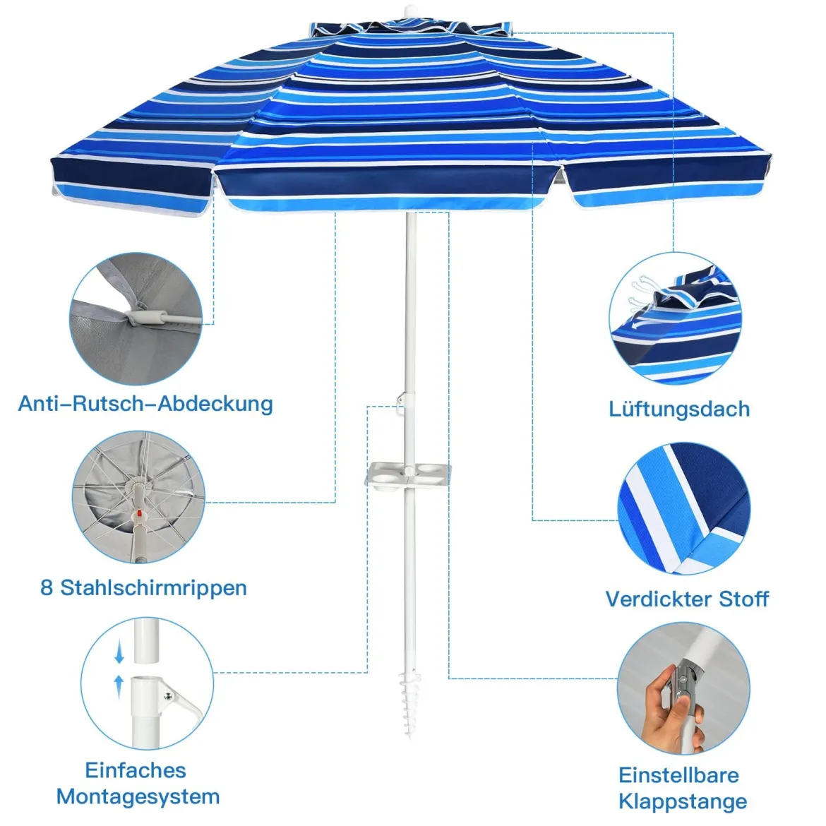2,2 M Strandschirm UPF50 + Sonnenschutz Tragbarer Sonnenschirm Terrassenschirm